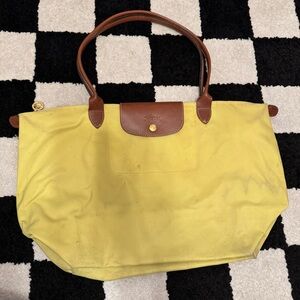 Longchamp Le Pliage Large Yellow Nylon With Brown Leather Trim